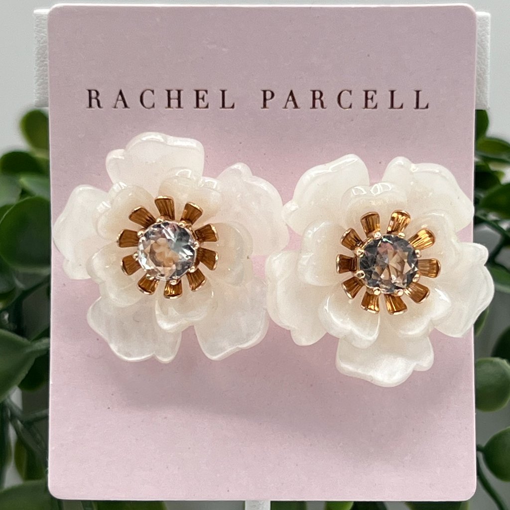 Rachel Parcell Gold Tone White Flower Earrings With Large Rhinestone Center